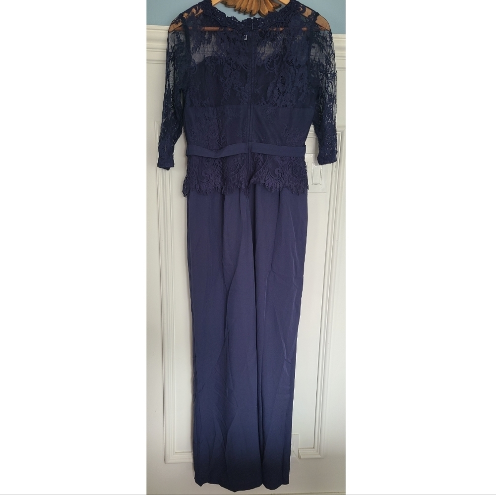 Shein Navy Blue‎ Belted Lace Illusion Neckline Jumpsuit - Picture 4 of 7